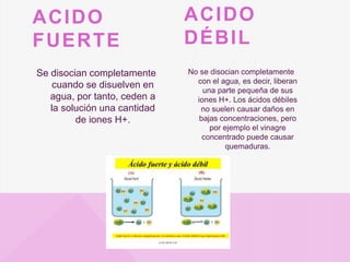 ACIDO
FUERTE
Se disocian completamente
cuando se disuelven en
agua, por tanto, ceden a
la solución una cantidad
de iones H+.
ACIDO
DÉBIL
No se disocian completamente
con el agua, es decir, liberan
una parte pequeña de sus
iones H+. Los ácidos débiles
no suelen causar daños en
bajas concentraciones, pero
por ejemplo el vinagre
concentrado puede causar
quemaduras.
 