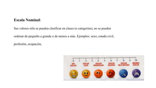 Escala Nominal:
Sus valores sólo se pueden clasificar en clases (o categorías), no se pueden
ordenar de pequeño a grande o de menos a más. Ejemplos: sexo, estado civil,
profesión, ocupación.
 