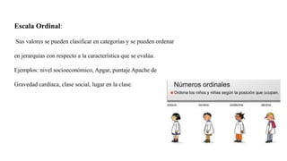 Escala Ordinal:
Sus valores se pueden clasificar en categorías y se pueden ordenar
en jerarquías con respecto a la característica que se evalúa.
Ejemplos: nivel socioeconómico, Apgar, puntaje Apache de
Gravedad cardíaca, clase social, lugar en la clase.
 