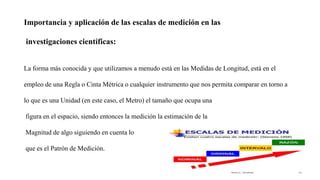 Importancia y aplicación de las escalas de medición en las
investigaciones científicas:
La forma más conocida y que utilizamos a menudo está en las Medidas de Longitud, está en el
empleo de una Regla o Cinta Métrica o cualquier instrumento que nos permita comparar en torno a
lo que es una Unidad (en este caso, el Metro) el tamaño que ocupa una
figura en el espacio, siendo entonces la medición la estimación de la
Magnitud de algo siguiendo en cuenta lo
que es el Patrón de Medición.
 
