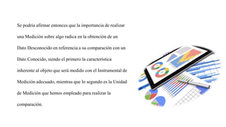 Se podría afirmar entonces que la importancia de realizar
una Medición sobre algo radica en la obtención de un
Dato Desconocido en referencia a su comparación con un
Dato Conocido, siendo el primero la característica
inherente al objeto que será medido con el Instrumental de
Medición adecuado, mientras que lo segundo es la Unidad
de Medición que hemos empleado para realizar la
comparación.
 