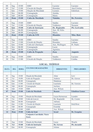 08    Seg    19:00    EBD                        Luciene            Luciano
 09    Ter    13:00    Círculo de Oração          Hionides           Ana Cristina
 11    Qui    19:00    Oração da Mocidade         Leonais            Edmilson
 12    Sex    06:00    Consagração                Aninha
 13    Sab    06:00    Consagração                Marta
 14    Dom    19:00    Culto da Mocidade          Nininha            Dc. Ferreira

 15    Seg    19:00    EBD                        Sandra             Luciano
 16    Ter    13:00    Círculo de Oração          Valdenice          Neonete
 18    Qui    19:00    Culto de Instrução         Dc. Reginaldo      Pb. Gerivaldo
 19    Sex    06:00    Consagração                Aux. M. Félix
 20    Sáb    06:00    Consagração                Maria
 21    Dom    19:00    Culto da UFE               Hionides           Miss. Rute

 22    Seg    19:00    EBD                        Sandra             Luciano
 23    Ter    13:00    Círculo de Oração          Hionides           Lidiane
 25    Qui    19:00    Culto de Libertação        Aux. Wellingon     Pr. Pedro
 26    Sex    06:00    Consagração                Lucia
 27    Sáb    06:00    Consagração                Agemiro
 28    Dom    19:00    Culto de Pregação          Zeza               Augusto

 29    Seg    19:00    EBD                        Sandra             Luciano
 30    Ter    13:00    Círculo de Oração          Valdenice          Ceinha

                                     LOCAL: TEÓFILO
                      CULTOS E REALIZAÇÕES
DATA    DIA   HORA                                    DIRIGENTES        PREGADORES



 01    Seg    19:00   Oração da Mocidade           Aline             Levi
 02    Ter    19:00   Culto de Pregação            Andreia           Dc. Gerson
 04    Qui    06:00   Consagração                  Madalena
 04    Qui    13:00   Circulo de Oração.           Laurinete         Dc. Ferreira
 06    Sáb    06:00   Consagração                  Jacilene
 06    Sáb    19:00   EBD                          Aux. Wilson
 07    Dom    19:00   Culto da Mocidade            Renato            Edmilson Gomes

 08    Seg    19:00   Oração da Mocidade           Lucas Hermerson   Leandro
 09    Ter    19:00   Culto de Louvor              Dc. Reginaldo     Dc. Cosmo
 11    Qui    06:00   Consagração                  Adriana
 11    Qui    13:00   Circulo de Oração.           Laurinete         Irmã Rosa
 13    Sáb    06:00   Consagração                  Erenilda
 13    Sáb    19:00   EBD                          Aux. Wilson
 14    Dom    19:00   Culto da Semi                Israel            Dc. Ezequias
                      Conjunto Convidado: Torre
                      Forte

 15    Seg    19:00   Oração da Mocidade           Lucas             Wuarla
 16    Ter    19:00   Culto de Instrução           Dc. Gerson        Pb. Jurandir
 18    Qui    06:00   Consagração                  Juliana
 