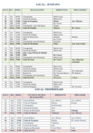 LOCAL: JENIPAPO

DATA DIA     HORA              REALIZAÇÕES                DIRIGENTES          PREGADORES


 02    Ter   06:00    Consagração                      Maria Luzia
 02    Ter   13:00    Círculo de Oração                Maria José
 02    Ter   19:00    Culto de Pregação                Maria                Aux. Marcos
 06    Sáb   19:00    EBD                              Dc. Cicero
 07    Dom   06:00    Consagração com toda Igreja      Wagna
 07    Dom   19:00    Culto da Familia                 Mayara               Dc. Cícero

 09    Ter   06:00    Consagração                      Maria José
 09    Ter   13:00    Círculo de Oração                Maria Luzia
 09    Ter   19:00    Culto de Intercessão             Edvânia              Damião
 13    Sáb   19:00    EBD                              Dc. Cicero
 14    Dom   14:00    Consagração com toda Igreja      Rosileide
 14    Dom   19:00    Culto da Mocidade                Thaís                Aux. José Carlos

 16    Ter   06:00    Consagração                      Maria Luzia
 16    Ter   13:00    Circulo de Oração                Maria José
 16    Ter   19:00    Aniv. Conj. Estrela da Manhã
 20    Sáb   19:00    EBD                              Dc. Cícero
 21    Dom   06:00    Consagração com toda Igreja      Maria Luzia
 21    Dom   19:00    Culto da Semi                    Dc. Cicero           Aux. Mauricio
                                                                            Lourênço

 23    Ter   06:00    Consagração                      Maria José
 23    Ter   13:00    Circulo de oração                Maria Luzia
 23    Ter   19:00    Culto de Doutrina                Dc. Cicero           Pb. Lindivaldo
 27    Sáb   19:00    Santa Ceia                       Dc. Severino Ramos   Pb. Roberto
 28    Dom   06:00    Consagração com toda Igreja      Gileane
 28    Dom   19:00    Culto da UFE                     Mauricéia            Lidiane

 30    Ter   06:00    Consagração                      Maria Luzia
 30    Ter   13:00    Circulo de oração                Maria José
 30    Ter   19:00    Culto de Pregação                Juliana              Dc. Severino
                                     LOCAL: PROPRIEDADE

DATA   DIA HORA             CULTOS E OUTRAS              DIRIGENTE             PREGADOR
                              REALIZAÇÕES
 01    Seg    19:00    Escola Bíblica                Aux. Marcos            Aux. Gideon
 02    Ter    19:00    Culto de Pregação             Patrícia               Rosélia
 03    Qua    06:00    Consagração                   Irmã Nozinha
 04    Qui    13:00    Circulo de Oração             Iraci
 06    Sáb    19:00    Oração da Mocidade            Zeze                   Solange
 07    Dom    19:00    Culto de Missões              Valdenice              Aux. Marcos

 08    Seg    19:00    Escola Bíblica                Aux. Marcos            Aux. Gideon
 09    Ter    19:00    Culto de Pregação             Quinha                 Pb. Amaro Honório
 10    Qua    06:00    Consagração                   Valdenice
 11    Qui    13:00    Círculo de Oração             Iraci
 13    Sáb    19:00    Oração da Mocidade            Cícera Maria           Ivete
 14    Dom    19:00    Culto da UFE                  Iraci                  Sônia
 