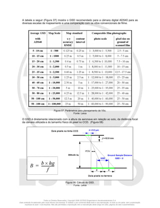 Todos os Direitos Reservados. Copyright 2008, ESTEIO Engenharia e Aerolevantamentos S.A.
Este conteúdo foi elaborado pelo corpo técnico da empresa. É vedado o uso comercial deste texto e sua reprodução, no todo ou em parte, sem a autorização
expressa do autor e da empresa. Não são permitidas a reprodução nem a manutenção deste artigo em sites, páginas da web e assemelhados.
A tabela a seguir (Figura 07) mostra o GSD recomendado para a câmara digital ADS40 para as
diversas escalas de mapeamento e uma comparação com os vôos convencionais de filme.
Figura 07: Parâmetros para planejamento de Vôo.
Fonte: Leica
O GSD é diretamente relacionado com a altura da aeronave em relação ao solo, da distância focal
da câmara utilizada e do tamanho físico do pixel no CCD. (Figura 08)
Figura 08: Cálculo do GSD.
Fonte: Leica
 