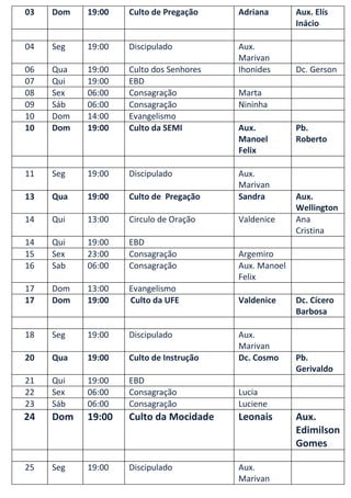 03   Dom   19:00   Culto de Pregação    Adriana       Aux. Elís
                                                      Inácio

04   Seg   19:00   Discipulado          Aux.
                                        Marivan
06   Qua   19:00   Culto dos Senhores   Ihonides      Dc. Gerson
07   Qui   19:00   EBD
08   Sex   06:00   Consagração          Marta
09   Sáb   06:00   Consagração          Nininha
10   Dom   14:00   Evangelismo
10   Dom   19:00   Culto da SEMI        Aux.          Pb.
                                        Manoel        Roberto
                                        Felix

11   Seg   19:00   Discipulado          Aux.
                                        Marivan
13   Qua   19:00   Culto de Pregação    Sandra        Aux.
                                                      Wellington
14   Qui   13:00   Circulo de Oração    Valdenice     Ana
                                                      Cristina
14   Qui   19:00   EBD
15   Sex   23:00   Consagração          Argemiro
16   Sab   06:00   Consagração          Aux. Manoel
                                        Felix
17   Dom   13:00   Evangelismo
17   Dom   19:00   Culto da UFE         Valdenice     Dc. Cícero
                                                      Barbosa

18   Seg   19:00   Discipulado          Aux.
                                        Marivan
20   Qua   19:00   Culto de Instrução   Dc. Cosmo     Pb.
                                                      Gerivaldo
21   Qui   19:00   EBD
22   Sex   06:00   Consagração          Lucia
23   Sáb   06:00   Consagração          Luciene
24   Dom   19:00   Culto da Mocidade    Leonais       Aux.
                                                      Edimilson
                                                      Gomes

25   Seg   19:00   Discipulado          Aux.
                                        Marivan
 