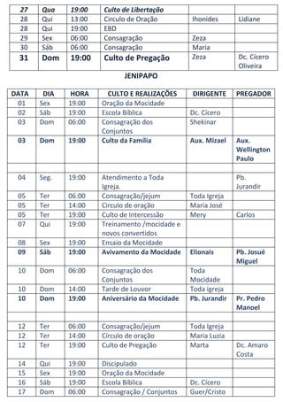 27   Qua    19:00   Culto de Libertação
  28   Qui    13:00   Circulo de Oração         Ihonides       Lidiane
  28   Qui    19:00   EBD
  29   Sex    06:00   Consagração               Zeza
  30   Sáb    06:00   Consagração               Maria
 31    Dom    19:00   Culto de Pregação         Zeza           Dc. Cícero
                                                               Oliveira
                            JENIPAPO

DATA    DIA    HORA     CULTO E REALIZAÇÕES     DIRIGENTE      PREGADOR
 01    Sex    19:00   Oração da Mocidade
 02    Sáb    19:00   Escola Bíblica            Dc. Cícero
 03    Dom    06:00   Consagração dos           Shekinar
                      Conjuntos
 03    Dom    19:00   Culto da Família          Aux. Mizael    Aux.
                                                               Wellington
                                                               Paulo

 04    Seg.   19:00   Atendimento a Toda                       Pb.
                      Igreja.                                  Jurandir
 05    Ter    06:00   Consagração/jejum         Toda Igreja
 05    Ter    14:00   Circulo de oração         Maria José
 05    Ter    19:00   Culto de Intercessão      Mery           Carlos
 07    Qui    19:00   Treinamento /mocidade e
                      novos convertidos
 08    Sex    19:00   Ensaio da Mocidade
 09    Sáb    19:00   Avivamento da Mocidade    Elionais       Pb. Josué
                                                               Miguel
 10    Dom    06:00   Consagração dos           Toda
                      Conjuntos                 Mocidade
 10    Dom    14:00   Tarde de Louvor           Toda igreja
 10    Dom    19:00   Aniversário da Mocidade   Pb. Jurandir   Pr. Pedro
                                                               Manoel

 12    Ter    06:00   Consagração/jejum         Toda Igreja
 12    Ter    14:00   Círculo de oração         Maria Luzia
 12    Ter    19:00   Culto de Pregação         Marta          Dc. Amaro
                                                               Costa
 14    Qui    19:00   Discipulado
 15    Sex    19:00   Oração da Mocidade
 16    Sáb    19:00   Escola Bíblica            Dc. Cícero
 17    Dom    06:00   Consagração / Conjuntos   Guer/Cristo
 