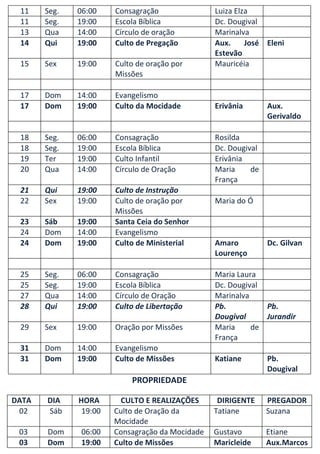 11    Seg.   06:00    Consagração               Luiza Elza
 11    Seg.   19:00    Escola Bíblica            Dc. Dougival
 13    Qua    14:00    Círculo de oração         Marinalva
 14    Qui    19:00    Culto de Pregação         Aux.     José Eleni
                                                 Estevão
 15    Sex    19:00    Culto de oração por       Mauricéia
                       Missões

 17    Dom    14:00    Evangelismo
 17    Dom    19:00    Culto da Mocidade         Erivânia       Aux.
                                                                Gerivaldo

 18    Seg.   06:00    Consagração               Rosilda
 18    Seg.   19:00    Escola Bíblica            Dc. Dougival
 19    Ter    19:00    Culto Infantil            Erivânia
 20    Qua    14:00    Círculo de Oração         Maria     de
                                                 França
 21    Qui    19:00    Culto de Instrução
 22    Sex    19:00    Culto de oração por       Maria do Ó
                       Missões
 23    Sáb    19:00    Santa Ceia do Senhor
 24    Dom    14:00    Evangelismo
 24    Dom    19:00    Culto de Ministerial      Amaro          Dc. Gilvan
                                                 Lourenço

 25    Seg.   06:00    Consagração               Maria Laura
 25    Seg.   19:00    Escola Bíblica            Dc. Dougival
 27    Qua    14:00    Círculo de Oração         Marinalva
 28    Qui    19:00    Culto de Libertação       Pb.          Pb.
                                                 Dougival     Jurandir
 29    Sex    19:00    Oração por Missões        Maria     de
                                                 França
 31    Dom    14:00    Evangelismo
 31    Dom    19:00    Culto de Missões          Katiane        Pb.
                                                                Dougival
                           PROPRIEDADE

DATA   DIA    HORA      CULTO E REALIZAÇÕES       DIRIGENTE     PREGADOR
 02    Sáb     19:00   Culto de Oração da        Tatiane        Suzana
                       Mocidade
 03    Dom     06:00   Consagração da Mocidade   Gustavo        Etiane
 03    Dom     19:00   Culto de Missões          Maricleide     Aux.Marcos
 