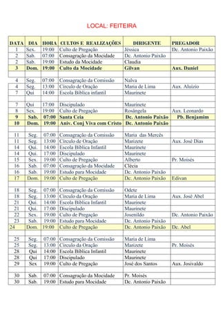 LOCAL: FEITEIRA

DATA    DIA    HORA    CULTOS E REALIZAÇÕES             DIRIGENTE        PREGADOR
  1    Sex.    19:00   Culto de Pregação            Jéssica              Dc. Antonio Paixão
  2    Sab.    07:00   Consagração da Mocidade      Dc. Antonio Paixão
  2    Sab.    19:00   Estudo da Mocidade           Claudia
  3    Dom.    19:00   Culto da Mocidade            Gilvan               Aux. Daniel

  4    Seg.    07:00   Consagração da Comissão      Nalva
  4    Seg.    13:00   Círculo de Oração            Maria de Lima        Aux. Aluízio
  7    Qui     14:00   Escola Bíblica infantil      Maurinete

  7    Qui     17:00   Discipulado                  Maurinete
  8    Sex.    19:00   Culto de Pregação            Rosângela          Aux. Leonardo
  9     Sab.   07:00   Santa Ceia                   Dc. Antonio Paixão   Pb. Benjamim
 10    Dom.    19:00   Aniv. Conj Viva com Cristo   Dc. Antonio Paixão

 11    Seg.    07:00   Consagração da Comissão      Maria das Mercês
 11    Seg.    13:00   Círculo de Oração            Marizete             Aux. José Dias
 14    Qui.    14:00   Escola Bíblica Infantil      Maurinete
 14    Qui.    17:00   Discipulado                  Maurinete
 15    Sex.    19:00   Culto de Pregação            Alberto              Pr. Moisés
 16    Sab.    07:00   Consagração da Mocidade      Clécia
 16    Sab.    19:00   Estudo para Mocidade         Dc. Antonio Paixão
 17    Dom.    19:00   Culto de Pregação            Dc. Antonio Paixão   Edivan

  18    Seg. 07:00     Consagração da Comissão      Odete
  18    Seg. 13:00     Círculo da Oração            Maria de Lima        Aux. José Abel
  21    Qui. 14:00     Escola Bíblica Infantil      Maurinete
  21    Qui. 17:00     Discipulado                  Maurinete
  22    Sex. 19:00     Culto de Pregação            Josenildo            Dc. Antonio Paixão
  23    Sab. 19:00     Estudo para Mocidade         Dc. Antonio Paixão
24     Dom. 19:00      Culto de Pregação            Dc. Antonio Paixão   Dc. Abel

 25    Seg.    07:00   Consagração da Comissão      Maria de Lima
 25    Seg.    13:00   Círculo da Oração            Marizete             Pr. Moisés
 28    Qui     14:00   Escola Bíblica Infantil      Maurinete
 28    Qui     17:00   Discipulado                  Maurinete
 29    Sex     19:00   Culto de Pregação            José dos Santos      Aux. Josivaldo

 30    Sab.    07:00 Consagração da Mocidade        Pr. Moisés
 30    Sab.    19:00 Estudo para Mocidade           Dc. Antonio Paixão
 