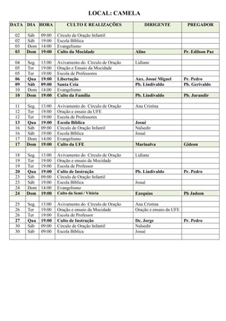 LOCAL: CAMELA
DATA DIA HORA             CULTO E REALIZAÇÕES              DIRIGENTE             PREGADOR

 02   Sáb    09:00   Círculo de Oração Infantil
 02   Sáb    19:00   Escola Bíblica
 03   Dom    14:00   Evangelismo
 03   Dom    19:00   Culto da Mocidade                 Aline                    Pr. Edilson Paz

 04   Seg.   13:00   Avivamento do Círculo de Oração   Lidiane
 05   Ter    19:00   Oração e Ensaio da Mocidade
 05   Ter    19:00   Escola de Professores
 06   Qua    19:00   Libertação                        Aux. Josué Miguel        Pr. Pedro
 09   Sáb    09:00   Santa Ceia                        Pb. Lindivaldo           Pb. Gerivaldo
 10   Dom    14:00   Evangelismo
 10   Dom    19:00   Culto da Família                  Pb. Lindivaldo           Pb. Jurandir

 11   Seg.   13:00   Avivamento do Círculo de Oração   Ana Cristina
 12   Ter    19:00   Oração e ensaio da UFE
 12   Ter    19:00   Escola de Professores
 13   Qua    19:00   Escola Bíblica                    Josué
 16   Sáb    09:00   Círculo de Oração Infantil        Nalsedir
 16   Sáb    19:00   Escola Bíblica                    Josué
 17   Dom    14:00   Evangelismo
 17   Dom    19:00   Culto da UFE                      Marinalva                Gideon

 18   Seg.   13:00   Avivamento do Círculo de Oração   Lidiane
 19   Ter    19:00   Oração e ensaio da Mocidade
 19   Ter    19:00   Escola de Professor
 20   Qua    19:00   Culto de Instrução                Pb. Lindivaldo           Pr. Pedro
 23   Sáb    09:00   Círculo de Oração Infantil
 23   Sáb    19:00   Escola Bíblica                    Josué
 24   Dom    14:00   Evangelismo
 24   Dom    19:00   Culto da Semi / Vitória           Ezequias                 Pb Jadson

 25   Seg.   13:00   Avivamento do Círculo de Oração   Ana Cristina
 26   Ter    19:00   Oração e ensaio da Mocidade       Oração e ensaio da UFE
 26   Ter    19:00   Escola de Professor
 27   Qua    19:00   Culto de Instrução                Dc. Jorge                Pr. Pedro
 30   Sáb    09:00   Circulo de Oração Infantil        Nalsedir
 30   Sáb    09:00   Escola Bíblica                    Josué
 