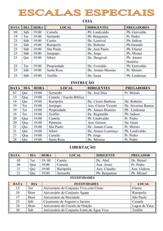 CEIA
DATA    DIA    HORA                 LOCAL            DIRIGENTES             PREGADORES
 09     Sáb    19:00      Camela                     Pb. Lindivaldo         Pb. Gerivaldo
 19     Ter    19:00      Serrambi                   Pb. Benjamim           Pr. Pedro
 23     Sáb    19:00      Caetés                     Dc. Lourival           Pb. Jadson
 23     Sáb    19:00      Rurópolis                  Dc. Roberto            Pb.Jurandir
 23     Sáb    19:00      São Paulo                  Dc. José Paulo         Pb. Eliezer
 23     Sáb    19:00      Jenipapo                   Dc. Jorge              Pb. Mizael
 23     Qui    19:00      Sibiró                     Dc. Dougival           Pb. Amaro
                                                                            Honório
 23     Ter    19:00      Propriedade                Dc. Everaldo           Pb. Gerivaldo
 23     Sáb    19:00      Santa Rosa                 Dc. Amaro Messias      Pr. Moisés
 23     Sáb    19:00      Teófilo                    Dc. Gean               Pb. Lindomar

                                         INSTRUÇÃO
DATA    DIA    HORA                LOCAL             DIRIGENTES            PREGADORES
 07    Qui     19:00       Serrambi                  Dc. José Dias         Pr. Moisés
 13    Qua     19:00       Camela / Escola Bíblica
 14    Qui     19:00       Rurópolis                 Dc. Cícero Barbosa    Dc. Roberto
 19    Ter     19:00       Jenipapo                  Aux. Cícero Vicente   Dc. Severino Ramos
 19    Ter     19:00       Propriedade               Pb. Amaro Honório     Pb. Lindomar
 19    Ter     19:00       Teófilo                   Dc. Reginaldo         Pb. Jadson
 20    Qua     19:00       Camela                    Pb. Lindivaldo        Pr. Pedro
 20    Qua     19:00       Palmeira                  Aux. Gerson           Dc. Gean
 21    Qui     19:00       São Paulo                 Dc. Amaro Costa       Pr. Moisés
 21    Qui     19:00       Sibiró                    Dc. Amaro Lourenço    Pb. Lindivaldo
 27    Qua     19:00       Camela                    Pb. Jorge             Pr. Pedro
 28    Qui     19:00       Santa Rosa                Dc. Messias           Pr. Pedro

                                        LIBERTAÇÃO

DATA          DIA      HORA             LOCAL             DIRIGENTE            PREGADOR
  05          Ter      19: 00   Caetés                    Dc. Abel             Dc. Betuel
  06          Qua      19:00    Camela                    Aux. Josué           Pr. Pedro
  21          Qui      19:00    Rurópolis                 Aux. Claudio         Aux. Gideon
  21          Qui      19:00    Serrambi                  Pb. Benjamim         Pb. Mizael
                                         FESTIVIDADES
 DATA         DIA                           FESTIVIDADES                           LOCAL
  13      Ter           Aniversário do Conjunto Viva com Cristo                Fiteira
  10      Dom           Aniversário do Conjunto Ágape                          Ruropolis
  17      Dom           Aniversário da Mocidade                                São Paulo
  23      Sáb           Casamento de Augusto e Jaciara                         Camela
  24      Dom           Aniversário do Círculo de Oração                       Lagoa de Vaca
  30      Sáb           Aniversário do Conjunto Fonte de Água Viva             Teófilo
 