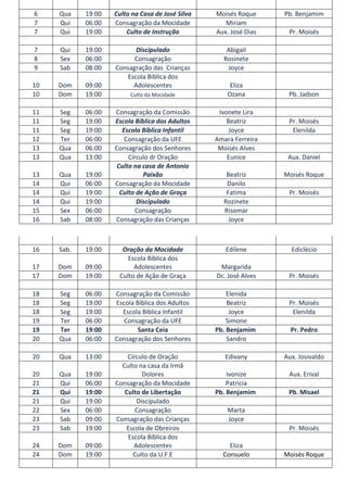 6    Qua    19:00   Culto na Casa de José Silva   Moisés Roque     Pb. Benjamim
7    Qui    06:00   Consagração da Mocidade          Miriam
7    Qui    19:00       Culto de Instrução        Aux. José Dias    Pr. Moisés

7    Qui    19:00          Discipulado               Abigail
8    Sex    06:00         Consagração               Rosinete
9    Sab    08:00   Consagração das Crianças         Joyce
                        Escola Biblica dos
10   Dom    09:00         Adolescentes                 Eliza
10   Dom    19:00        Culto da Mocidade            Ozana         Pb. Jadson

11   Seg    06:00   Consagração da Comissão        Ivonete Lira
11   Seg    19:00   Escola Bíblica dos Adultos        Beatriz       Pr. Moisés
11   Seg    19:00      Escola Bíblica Infantil         Joyce         Elenilda
12   Ter    06:00       Consagração da UFE        Amara Ferreira
13   Qua    06:00   Consagração dos Senhores       Moisés Alves
13   Qua    13:00        Círculo dr Oração            Eunice        Aux. Daniel
                     Culto na casa de Antonio
13   Qua    19:00             Paixão                 Beatriz       Moisés Roque
14   Qui    06:00   Consagração da Mocidade          Danilo
14   Qui    19:00     Culto de Ação de Graça         Fatima         Pr. Moisés
14   Qui    19:00           Discipulado             Rozinete
15   Sex    06:00           Consagração             Risomar
16   Sab    08:00   Consagração das Crianças          Joyce



16   Sab.   19:00     Oração da Mocidade             Edilene         Ediclécio
                        Escola Bíblica dos
17   Dom    09:00         Adolescentes             Margarida
17   Dom    19:00    Culto de Ação de Graça       Dc. José Alves    Pr. Moisés

18   Seg    06:00   Consagração da Comissão           Elenida
18   Seg    19:00   Escola Bíblica dos Adultos        Beatriz       Pr. Moisés
18   Seg    19:00     Escola Bíblica Infantil          Joyce         Elenilda
19   Ter    06:00      Consagração da UFE             Simone
19   Ter    19:00           Santa Ceia            Pb. Benjamim       Pr. Pedro
20   Qua    06:00   Consagração dos Senhores          Sandro

20   Qua    13:00       Círculo de Oração            Edivany       Aux. Josivaldo
                      Culto na casa da Irmã
20   Qua    19:00            Dolores                  Ivonize       Aux. Erival
21   Qui    06:00   Consagração da Mocidade           Patricia
21   Qui    19:00      Culto de Libertação        Pb. Benjamim      Pb. Misael
21   Qui    19:00          Discipulado
22   Sex    06:00          Consagração                Marta
23   Sab    09:00   Consagração das Crianças          Joyce
23   Sab    19:00      Escola de Obreiros                           Pr. Moisés
                        Escola Bíblica dos
24   Dom    09:00         Adolescentes                Eliza
24   Dom    19:00         Culto da U.F.E            Consuelo       Moisés Roque
 