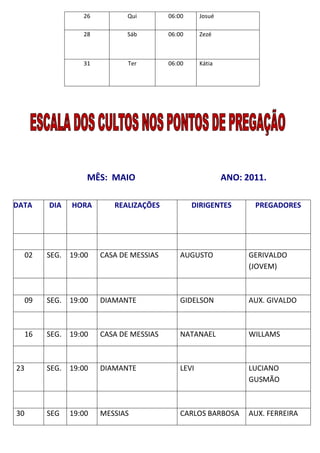 26          Qui        06:00     Josué

                    28          Sáb        06:00     Zezé



                    31          Ter        06:00     Kátia




                     MÊS: MAIO                               ANO: 2011.

DATA      DIA    HORA       REALIZAÇÕES            DIRIGENTES       PREGADORES




     02   SEG.   19:00   CASA DE MESSIAS      AUGUSTO              GERIVALDO
                                                                   (JOVEM)



     09   SEG.   19:00   DIAMANTE             GIDELSON             AUX. GIVALDO



     16   SEG.   19:00   CASA DE MESSIAS      NATANAEL             WILLAMS



23        SEG.   19:00   DIAMANTE             LEVI                 LUCIANO
                                                                   GUSMÃO



30        SEG    19:00   MESSIAS              CARLOS BARBOSA       AUX. FERREIRA
 