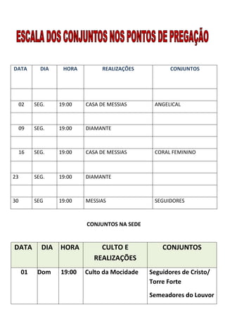 DATA        DIA    HORA         REALIZAÇÕES          CONJUNTOS




     02   SEG.    19:00   CASA DE MESSIAS      ANGELICAL



     09   SEG.    19:00   DIAMANTE



     16   SEG.    19:00   CASA DE MESSIAS      CORAL FEMININO



23        SEG.    19:00   DIAMANTE



30        SEG     19:00   MESSIAS              SEGUIDORES



                          CONJUNTOS NA SEDE


DATA        DIA   HORA         CULTO E            CONJUNTOS
                             REALIZAÇÕES
     01    Dom    19:00   Culto da Mocidade   Seguidores de Cristo/
                                              Torre Forte
                                              Semeadores do Louvor
 