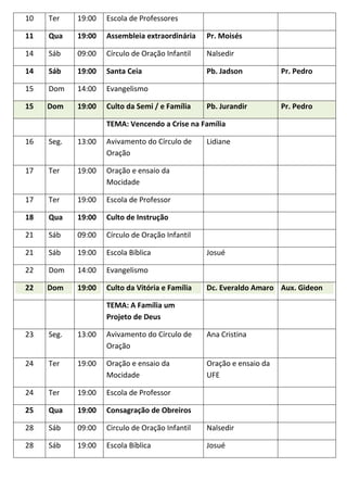 10   Ter    19:00   Escola de Professores

11   Qua    19:00   Assembleia extraordinária    Pr. Moisés

14   Sáb    09:00   Círculo de Oração Infantil   Nalsedir

14   Sáb    19:00   Santa Ceia                   Pb. Jadson           Pr. Pedro

15   Dom    14:00   Evangelismo

15   Dom    19:00   Culto da Semi / e Família    Pb. Jurandir         Pr. Pedro

                    TEMA: Vencendo a Crise na Família

16   Seg.   13:00   Avivamento do Círculo de     Lidiane
                    Oração

17   Ter    19:00   Oração e ensaio da
                    Mocidade

17   Ter    19:00   Escola de Professor

18   Qua    19:00   Culto de Instrução

21   Sáb    09:00   Círculo de Oração Infantil

21   Sáb    19:00   Escola Bíblica               Josué

22   Dom    14:00   Evangelismo

22   Dom    19:00   Culto da Vitória e Família   Dc. Everaldo Amaro Aux. Gideon

                    TEMA: A Família um
                    Projeto de Deus

23   Seg.   13:00   Avivamento do Círculo de     Ana Cristina
                    Oração

24   Ter    19:00   Oração e ensaio da           Oração e ensaio da
                    Mocidade                     UFE

24   Ter    19:00   Escola de Professor

25   Qua    19:00   Consagração de Obreiros

28   Sáb    09:00   Circulo de Oração Infantil   Nalsedir

28   Sáb    19:00   Escola Bíblica               Josué
 