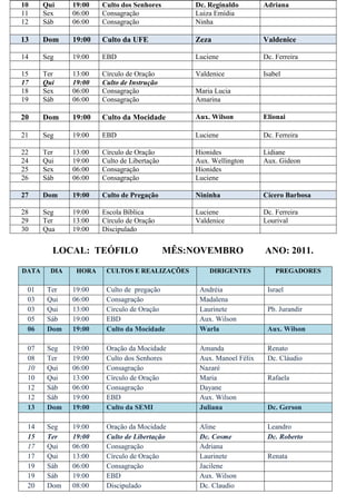 10     Qui     19:00   Culto dos Senhores        Dc. Reginaldo        Adriana
11     Sex     06:00   Consagração               Luiza Emídia
12     Sáb     06:00   Consagração               Ninha

13     Dom     19:00   Culto da UFE              Zeza                 Valdenice

14     Seg     19:00   EBD                       Luciene              Dc. Ferreira

15     Ter     13:00   Círculo de Oração         Valdenice            Isabel
17     Qui     19:00   Culto de Instrução
18     Sex     06:00   Consagração               Maria Lucia
19     Sáb     06:00   Consagração               Amarina

20     Dom     19:00   Culto da Mocidade         Aux. Wilson          Elionai

21     Seg     19:00   EBD                       Luciene              Dc. Ferreira

22     Ter     13:00   Círculo de Oração         Hionides             Lidiane
24     Qui     19:00   Culto de Libertação       Aux. Wellington      Aux. Gideon
25     Sex     06:00   Consagração               Hionides
26     Sáb     06:00   Consagração               Luciene

27     Dom     19:00   Culto de Pregação         Nininha              Cícero Barbosa

28     Seg     19:00   Escola Bíblica            Luciene              Dc. Ferreira
29     Ter     13:00   Círculo de Oração         Valdenice            Lourival
30     Qua     19:00   Discipulado


         LOCAL: TEÓFILO                      MÊS:NOVEMBRO             ANO: 2011.

DATA     DIA    HORA    CULTOS E REALIZAÇÕES         DIRIGENTES           PREGADORES

 01     Ter    19:00    Culto de pregação         Andréia              Israel
 03     Qui    06:00    Consagração               Madalena
 03     Qui    13:00    Circulo de Oração         Laurinete            Pb. Jurandir
 05     Sáb    19:00    EBD                       Aux. Wilson
 06     Dom    19:00    Culto da Mocidade         Warla                Aux. Wilson

 07     Seg    19:00    Oração da Mocidade        Amanda               Renato
 08     Ter    19:00    Culto dos Senhores        Aux. Manoel Félix    Dc. Cláudio
 10     Qui    06:00    Consagração               Nazaré
 10     Qui    13:00    Círculo de Oração         Maria                Rafaela
 12     Sáb    06:00    Consagração               Dayane
 12     Sáb    19:00    EBD                       Aux. Wilson
 13     Dom    19:00    Culto da SEMI             Juliana              Dc. Gerson

 14     Seg    19:00    Oração da Mocidade        Aline                Leandro
 15     Ter    19:00    Culto de Libertação       Dc. Cosme            Dc. Roberto
 17     Qui    06:00    Consagração               Adriana
 17     Qui    13:00    Círculo de Oração         Laurinete            Renata
 19     Sáb    06:00    Consagração               Jacilene
 19     Sáb    19:00    EBD                       Aux. Wilson
 20     Dom    08:00    Discipulado               Dc. Claudio
 