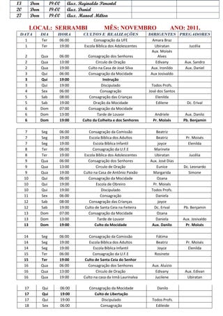 13        Dom          19:00      Aux. Reginaldo Pimentel
20        Dom          19:00      Aux. Daniel
27        Dom          19:00      Aux. Manoel Milton

          LOCAL: SERRAMBI                            MÊS: NOVEMBRO                        ANO: 2011.
 DATA           DIA        HORA          CULTOS E REALIZAÇÕES               DIRIGENTES PREGADORES
   1            Ter         06:00             Consagração da UFE              Amara Braz
   1            Ter         19:00        Escola Bíblica dos Adolescentes       Ubiratan      Jucélia
                                                                             Aux. Moisés
     2          Qua        06:00            Consagração dos Senhores            Alves
     2          Qua        13:00                Circulo de Oração              Edivany     Aux. Sandro
     2          Qua        19:00            Culto na Casa de José Silva      Aux. Ironildo Aux. Daniel
     3          Qui        06:00            Consagração da Mocidade          Aux Josivaldo
     3          Qui        19:00                    Instrução
     3          Qui        19:00                   Discipulado                Todos Profs.
     4          Sex        06:00                   Consagração              José dos Santos
     5          Sab        08:00             Consagração das Crianças           Elenilda
     5          Sab        19:00               Oração da Mocidade               Edilene         Dc. Erival
     6          Dom        07:00            Consagração da Mocidade
     6          Dom        13:00                 Tarde de Louvor               Andriele        Aux. Danilo
     6          Dom        19:00         Culto da Colheita e dos Senhores     Pr. Moisés      Pb. Benjamin

     7          Seg        06:00            Consagração da Comissão             Beatriz
     7          Seg        19:00            Escola Bíblica dos Adultos          Beatriz        Pr. Moisés
     7          Seg        19:00               Escola Bíblica Infantil           joyce          Elenilda
     8           Ter       06:00              Consagração da U.F.E            Marinete
     8           Ter       19:00         Escola Bíblica dos Adolescentes       Ubiratan          Jucélia
     9          Qua        06:00           Consagração dos Senhores         Aux. José Dias
     9          Qua        13:00                 Circulo de Oração              Eunice        Dc. Leonardo
     9          Qua        19:00         Culto na Casa de Antônio Paixão      Margarida         Simone
     10         Qui        06:00            Consagração da Mocidade             Ozana
     10         Qui        19:00                 Escola de Obreiro            Pr. Moisés
     10         Qui        19:00                    Discipulado              Todos Profs.
     11         Sex        06:00                    Consagração                Daniela
     12         Sab        08:00            Consagração das Crianças             joyce
     12         Sab        19:00          Culto de Santa Ceia na Feiteira     Dc. Erival      Pb. Benjamin
     13         Dom        07:00            Consagração da Mocidade             Ozana
     13         Dom        13:00                  Tarde de Louvor              Daniela        Aux. Josivaldo
     13         Dom        19:00                Culto da Mocidade            Aux. Danilo       Pr. Moisés

     14         Seg        06:00            Consagração da Comissão             Fátima
     14         Seg        19:00            Escola Bíblica dos Adultos          Beatriz        Pr. Moisés
     14         Seg        19:00               Escola Bíblica Infantil           Joyce          Elenilda
     15         Ter        06:00              Consagração da U.F.E             Rosinete
     15         Ter        19:00          Culto de Santa Ceia do Senhor
     16         Qua        06:00            Consagração dos Senhores         Aux. Aluizio
     16         Qua        13:00                Círculo de Oração             Edivany          Aux. Edivan
     16         Qua        19:00         Culto na casa da Irmã Laurinalva     Jucilene          Ubiratan

     17         Qui            06:00        Consagração da Mocidade             Danilo
     17         Qui            19:00           Culto de Libertação
     17         Qui            19:00               Discipulado               Todos Profs.
     18         Sex            06:00              Consagração                  Edileide
 