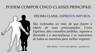 PODEM COMPOR CINCO CLASSES PRINCIPAIS.
Allan Kardec – O Livro dos Espíritos – questões 102.
DÉCIMA CLASSE. ESPÍRITOS IMPUROS.
São inclinados ao mal, de que fazem o
objeto de suas preocupações. Como
Espíritos, dão conselhos pérfidos, sopram a
discórdia e a desconfiança e se mascaram
de todas as maneiras para melhor enganar.
 
