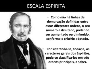 ESCALA ESPIRITA 
• Como não há linhas de 
demarcação definidas entre 
essas diferentes ordens, o seu 
numero e ilimitado, podendo 
ser aumentado ou diminuído, 
conforme o critério adotado. 
• Considerando-se, todavia, os 
caracteres gerais dos Espíritos, 
pode-se classifica-los em três 
ordens principais, a saber. 
 