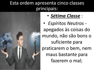 Esta ordem apresenta cinco classes 
principais: 
• Sétima Classe : 
• Espíritos Neutros - 
apegados às coisas do 
mundo, não são bons o 
suficiente para 
praticarem o bem, nem 
maus bastante para 
fazerem o mal; 
 