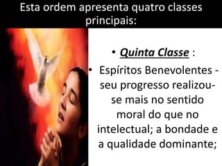 Esta ordem apresenta quatro classes 
principais: 
• Quinta Classe : 
• Espíritos Benevolentes - 
seu progresso realizou-se 
mais no sentido 
moral do que no 
intelectual; a bondade e 
a qualidade dominante; 
 