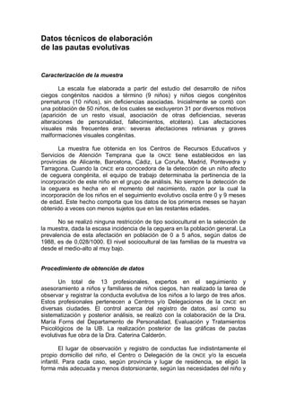 Datos técnicos de elaboración
de las pautas evolutivas


Caracterización de la muestra

       La escala fue elaborada a partir del estudio del desarrollo de niños
ciegos congénitos nacidos a término (9 niños) y niños ciegos congénitos
prematuros (10 niños), sin deficiencias asociadas. Inicialmente se contó con
una población de 50 niños, de los cuales se excluyeron 31 por diversos motivos
(aparición de un resto visual, asociación de otras deficiencias, severas
alteraciones de personalidad, fallecimientos, etcétera). Las afectaciones
visuales más frecuentes eran: severas afectaciones retinianas y graves
malformaciones visuales congénitas.

       La muestra fue obtenida en los Centros de Recursos Educativos y
Servicios de Atención Temprana que la ONCE tiene establecidos en las
provincias de Alicante, Barcelona, Cádiz, La Coruña, Madrid, Pontevedra y
Tarragona. Cuando la ONCE era conocedora de la detección de un niño afecto
de ceguera congénita, el equipo de trabajo determinaba la pertinencia de la
incorporación de este niño en el grupo de análisis. No siempre la detección de
la ceguera es hecha en el momento del nacimiento, razón por la cual la
incorporación de los niños en el seguimiento evolutivo oscila entre 0 y 9 meses
de edad. Este hecho comporta que los datos de los primeros meses se hayan
obtenido a veces con menos sujetos que en las restantes edades.

      No se realizó ninguna restricción de tipo sociocultural en la selección de
la muestra, dada la escasa incidencia de la ceguera en la población general. La
prevalencia de esta afectación en población de 0 a 5 años, según datos de
1988, es de 0,028/1000. El nivel sociocultural de las familias de la muestra va
desde el medio-alto al muy bajo.


Procedimiento de obtención de datos

       Un total de 13 profesionales, expertos en el seguimiento y
asesoramiento a niños y familiares de niños ciegos, han realizado la tarea de
observar y registrar la conducta evolutiva de los niños a lo largo de tres años.
Estos profesionales pertenecen a Centros y/o Delegaciones de la ONCE en
diversas ciudades. El control acerca del registro de datos, así como su
sistematización y posterior análisis, se realizó con la colaboración de la Dra.
María Forns del Departamento de Personalidad, Evaluación y Tratamientos
Psicológicos de la UB. La realización posterior de las gráficas de pautas
evolutivas fue obra de la Dra. Caterina Calderón.

        El lugar de observación y registro de conductas fue indistintamente el
propio domicilio del niño, el Centro o Delegación de la ONCE y/o la escuela
infantil. Para cada caso, según provincia y lugar de residencia, se eligió la
forma más adecuada y menos distorsionante, según las necesidades del niño y
 
