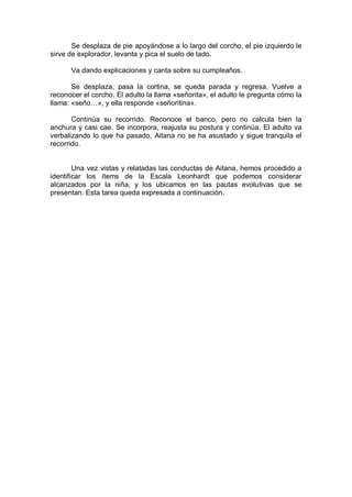 Se desplaza de pie apoyándose a lo largo del corcho, el pie izquierdo le
sirve de explorador, levanta y pica el suelo de lado.

      Va dando explicaciones y canta sobre su cumpleaños.

       Se desplaza, pasa la cortina, se queda parada y regresa. Vuelve a
reconocer el corcho. El adulto la llama «señorita», el adulto le pregunta cómo la
llama: «seño…», y ella responde «señoritina».

       Continúa su recorrido. Reconoce el banco, pero no calcula bien la
anchura y casi cae. Se incorpora, reajusta su postura y continúa. El adulto va
verbalizando lo que ha pasado, Aitana no se ha asustado y sigue tranquila el
recorrido.


        Una vez vistas y relatadas las conductas de Aitana, hemos procedido a
identificar los ítems de la Escala Leonhardt que podemos considerar
alcanzados por la niña, y los ubicamos en las pautas evolutivas que se
presentan. Esta tarea queda expresada a continuación.
 