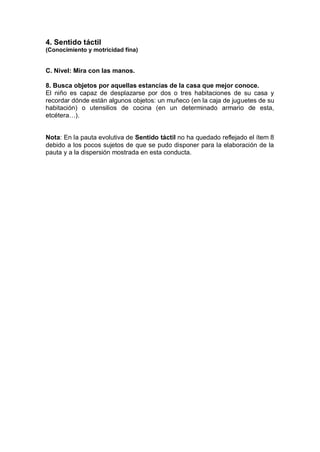 4. Sentido táctil
(Conocimiento y motricidad fina)


C. Nivel: Mira con las manos.

8. Busca objetos por aquellas estancias de la casa que mejor conoce.
El niño es capaz de desplazarse por dos o tres habitaciones de su casa y
recordar dónde están algunos objetos: un muñeco (en la caja de juguetes de su
habitación) o utensilios de cocina (en un determinado armario de esta,
etcétera…).


Nota: En la pauta evolutiva de Sentido táctil no ha quedado reflejado el ítem 8
debido a los pocos sujetos de que se pudo disponer para la elaboración de la
pauta y a la dispersión mostrada en esta conducta.
 