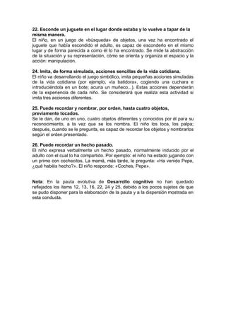 22. Esconde un juguete en el lugar donde estaba y lo vuelve a tapar de la
misma manera.
El niño, en un juego de «búsqueda» de objetos, una vez ha encontrado el
juguete que había escondido el adulto, es capaz de esconderlo en el mismo
lugar y de forma parecida a como él lo ha encontrado. Se mide la abstracción
de la situación y su representación, cómo se orienta y organiza el espacio y la
acción: manipulación.

24. Imita, de forma simulada, acciones sencillas de la vida cotidiana.
El niño va desarrollando el juego simbólico, imita pequeñas acciones simuladas
de la vida cotidiana (por ejemplo, «la batidora», cogiendo una cuchara e
introduciéndola en un bote; acuna un muñeco...). Estas acciones dependerán
de la experiencia de cada niño. Se considerará que realiza esta actividad si
imita tres acciones diferentes.

25. Puede recordar y nombrar, por orden, hasta cuatro objetos,
previamente tocados.
Se le dan, de uno en uno, cuatro objetos diferentes y conocidos por él para su
reconocimiento, a la vez que se los nombra. El niño los toca, los palpa;
después, cuando se le pregunta, es capaz de recordar los objetos y nombrarlos
según el orden presentado.

26. Puede recordar un hecho pasado.
El niño expresa verbalmente un hecho pasado, normalmente inducido por el
adulto con el cual lo ha compartido. Por ejemplo: el niño ha estado jugando con
un primo con cochecitos. La mamá, más tarde, le pregunta: «Ha venido Pepe,
¿qué habéis hecho?». El niño responde: «Coches, Pepe».


Nota: En la pauta evolutiva de Desarrollo cognitivo no han quedado
reflejados los ítems 12, 13, 16, 22, 24 y 25, debido a los pocos sujetos de que
se pudo disponer para la elaboración de la pauta y a la dispersión mostrada en
esta conducta.
 