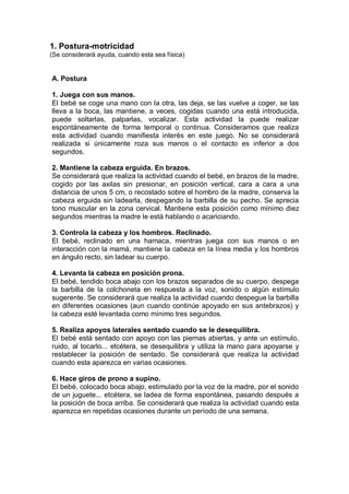 1. Postura-motricidad
(Se considerará ayuda, cuando esta sea física)


A. Postura

1. Juega con sus manos.
El bebé se coge una mano con la otra, las deja, se las vuelve a coger, se las
lleva a la boca, las mantiene, a veces, cogidas cuando una está introducida,
puede soltarlas, palparlas, vocalizar. Esta actividad la puede realizar
espontáneamente de forma temporal o continua. Consideramos que realiza
esta actividad cuando manifiesta interés en este juego. No se considerará
realizada si únicamente roza sus manos o el contacto es inferior a dos
segundos.

2. Mantiene la cabeza erguida. En brazos.
Se considerará que realiza la actividad cuando el bebé, en brazos de la madre,
cogido por las axilas sin presionar, en posición vertical, cara a cara a una
distancia de unos 5 cm, o recostado sobre el hombro de la madre, conserva la
cabeza erguida sin ladearla, despegando la barbilla de su pecho. Se aprecia
tono muscular en la zona cervical. Mantiene esta posición como mínimo diez
segundos mientras la madre le está hablando o acariciando.

3. Controla la cabeza y los hombros. Reclinado.
El bebé, reclinado en una hamaca, mientras juega con sus manos o en
interacción con la mamá, mantiene la cabeza en la línea media y los hombros
en ángulo recto, sin ladear su cuerpo.

4. Levanta la cabeza en posición prona.
El bebé, tendido boca abajo con los brazos separados de su cuerpo, despega
la barbilla de la colchoneta en respuesta a la voz, sonido o algún estímulo
sugerente. Se considerará que realiza la actividad cuando despegue la barbilla
en diferentes ocasiones (aun cuando continúe apoyado en sus antebrazos) y
la cabeza esté levantada como mínimo tres segundos.

5. Realiza apoyos laterales sentado cuando se le desequilibra.
El bebé está sentado con apoyo con las piernas abiertas, y ante un estímulo,
ruido, al tocarlo... etcétera, se desequilibra y utiliza la mano para apoyarse y
restablecer la posición de sentado. Se considerará que realiza la actividad
cuando esta aparezca en varias ocasiones.

6. Hace giros de prono a supino.
El bebé, colocado boca abajo, estimulado por la voz de la madre, por el sonido
de un juguete... etcétera, se ladea de forma espontánea, pasando después a
la posición de boca arriba. Se considerará que realiza la actividad cuando esta
aparezca en repetidas ocasiones durante un período de una semana.
 