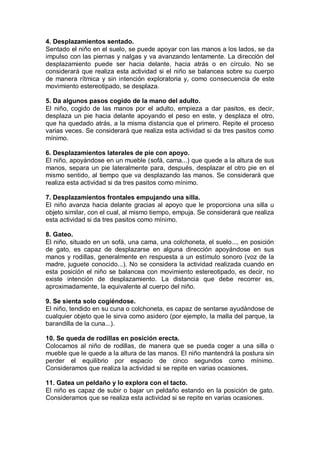 4. Desplazamientos sentado.
Sentado el niño en el suelo, se puede apoyar con las manos a los lados, se da
impulso con las piernas y nalgas y va avanzando lentamente. La dirección del
desplazamiento puede ser hacia delante, hacia atrás o en círculo. No se
considerará que realiza esta actividad si el niño se balancea sobre su cuerpo
de manera rítmica y sin intención exploratoria y, como consecuencia de este
movimiento estereotipado, se desplaza.

5. Da algunos pasos cogido de la mano del adulto.
El niño, cogido de las manos por el adulto, empieza a dar pasitos, es decir,
desplaza un pie hacia delante apoyando el peso en este, y desplaza el otro,
que ha quedado atrás, a la misma distancia que el primero. Repite el proceso
varias veces. Se considerará que realiza esta actividad si da tres pasitos como
mínimo.

6. Desplazamientos laterales de pie con apoyo.
El niño, apoyándose en un mueble (sofá, cama...) que quede a la altura de sus
manos, separa un pie lateralmente para, después, desplazar el otro pie en el
mismo sentido, al tiempo que va desplazando las manos. Se considerará que
realiza esta actividad si da tres pasitos como mínimo.

7. Desplazamientos frontales empujando una silla.
El niño avanza hacia delante gracias al apoyo que le proporciona una silla u
objeto similar, con el cual, al mismo tiempo, empuja. Se considerará que realiza
esta actividad si da tres pasitos como mínimo.

8. Gateo.
El niño, situado en un sofá, una cama, una colchoneta, el suelo..., en posición
de gato, es capaz de desplazarse en alguna dirección apoyándose en sus
manos y rodillas, generalmente en respuesta a un estímulo sonoro (voz de la
madre, juguete conocido...). No se considera la actividad realizada cuando en
esta posición el niño se balancea con movimiento estereotipado, es decir, no
existe intención de desplazamiento. La distancia que debe recorrer es,
aproximadamente, la equivalente al cuerpo del niño.

9. Se sienta solo cogiéndose.
El niño, tendido en su cuna o colchoneta, es capaz de sentarse ayudándose de
cualquier objeto que le sirva como asidero (por ejemplo, la malla del parque, la
barandilla de la cuna...).

10. Se queda de rodillas en posición erecta.
Colocamos al niño de rodillas, de manera que se pueda coger a una silla o
mueble que le quede a la altura de las manos. El niño mantendrá la postura sin
perder el equilibrio por espacio de cinco segundos como mínimo.
Consideramos que realiza la actividad si se repite en varias ocasiones.

11. Gatea un peldaño y lo explora con el tacto.
El niño es capaz de subir o bajar un peldaño estando en la posición de gato.
Consideramos que se realiza esta actividad si se repite en varias ocasiones.
 