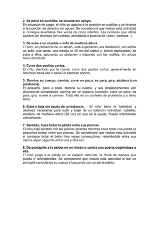 2. Se pone en cuclillas, se levanta sin apoyo.
En situación de juego, el niño se agacha a la posición en cuclillas y se levanta
a la posición de derecho sin apoyo. Se considerará que realiza esta actividad
si consigue levantarse tres veces de cinco intentos. Las posturas que utiliza
pueden ser diversas (en cuclillas, arrodillado o postura de «oso», etcétera...).

3. Se sube a un mueble o sofá de mediana altura.
El niño, en presencia de un adulto, está explorando una habitación, encuentra
un sofá, una cama, una mesita (a 40 cm del suelo) y, previa exploración, se
sube a ellos, apoyando su abdomen y trepando con las rodillas, sin ayuda
física del adulto.

4. Corre dos pasitos cortos.
El niño, alentado por la mamá, corre dos pasitos cortos, generalmente en
dirección hacia ella o hacia un estímulo sonoro.

5. Domina su cuerpo, camina, corre un poco, se para, gira, etcétera (con
prudencia).
El pequeño, poco a poco, domina su cuerpo, y sus desplazamientos van
alcanzando complejidad, camina por un espacio conocido, corre un poco, se
para, gira, vuelve a caminar. Todo ello en un contexto de prudencia y a ritmo
lento.

6. Sube y baja sin ayuda de un balancín.    El niño tiene la habilidad y
destreza necesarias para subir y bajar de un balancín individual, caballito,
etcétera, de mediana altura (50 cm) sin que se le ayude. Puede orientársele
verbalmente.

7. Sentado, hace botar la pelota entre sus piernas.
El niño está sentado con las piernas abiertas mientras hace botar una pelota (a
pequeños botes) entre sus piernas. Se considerará que realiza esta actividad
si consigue botar el balón tres veces consecutivas, reteniéndola entre sus
manos algún segundo entre una y otra vez.

8. Da puntapiés a la pelota en un rincón o contra una puerta cogiéndose a
ella.
El niño juega a la pelota en un espacio reducido, la chuta de manera que
pueda ir controlándola. Se considerará que realiza esta actividad al dar un
puntapié controlando su cuerpo y buscando con su pie la pelota.
 