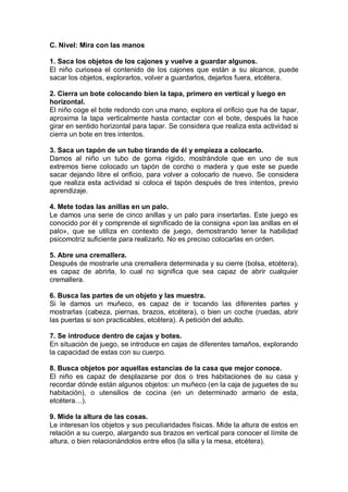 C. Nivel: Mira con las manos

1. Saca los objetos de los cajones y vuelve a guardar algunos.
El niño curiosea el contenido de los cajones que están a su alcance, puede
sacar los objetos, explorarlos, volver a guardarlos, dejarlos fuera, etcétera.

2. Cierra un bote colocando bien la tapa, primero en vertical y luego en
horizontal.
El niño coge el bote redondo con una mano, explora el orificio que ha de tapar,
aproxima la tapa verticalmente hasta contactar con el bote, después la hace
girar en sentido horizontal para tapar. Se considera que realiza esta actividad si
cierra un bote en tres intentos.

3. Saca un tapón de un tubo tirando de él y empieza a colocarlo.
Damos al niño un tubo de goma rígido, mostrándole que en uno de sus
extremos tiene colocado un tapón de corcho o madera y que este se puede
sacar dejando libre el orificio, para volver a colocarlo de nuevo. Se considera
que realiza esta actividad si coloca el tapón después de tres intentos, previo
aprendizaje.

4. Mete todas las anillas en un palo.
Le damos una serie de cinco anillas y un palo para insertarlas. Este juego es
conocido por él y comprende el significado de la consigna «pon las anillas en el
palo», que se utiliza en contexto de juego, demostrando tener la habilidad
psicomotriz suficiente para realizarlo. No es preciso colocarlas en orden.

5. Abre una cremallera.
Después de mostrarle una cremallera determinada y su cierre (bolsa, etcétera),
es capaz de abrirla, lo cual no significa que sea capaz de abrir cualquier
cremallera.

6. Busca las partes de un objeto y las muestra.
Si le damos un muñeco, es capaz de ir tocando las diferentes partes y
mostrarlas (cabeza, piernas, brazos, etcétera), o bien un coche (ruedas, abrir
las puertas si son practicables, etcétera). A petición del adulto.

7. Se introduce dentro de cajas y botes.
En situación de juego, se introduce en cajas de diferentes tamaños, explorando
la capacidad de estas con su cuerpo.

8. Busca objetos por aquellas estancias de la casa que mejor conoce.
El niño es capaz de desplazarse por dos o tres habitaciones de su casa y
recordar dónde están algunos objetos: un muñeco (en la caja de juguetes de su
habitación), o utensilios de cocina (en un determinado armario de esta,
etcétera…).

9. Mide la altura de las cosas.
Le interesan los objetos y sus peculiaridades físicas. Mide la altura de estos en
relación a su cuerpo, alargando sus brazos en vertical para conocer el límite de
altura, o bien relacionándolos entre ellos (la silla y la mesa, etcétera).
 