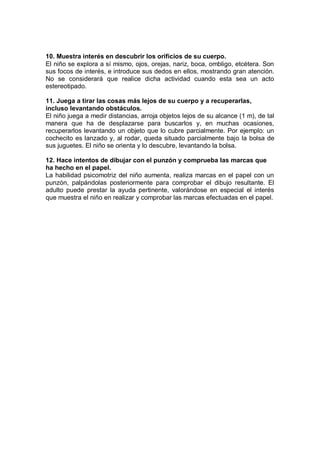 10. Muestra interés en descubrir los orificios de su cuerpo.
El niño se explora a sí mismo, ojos, orejas, nariz, boca, ombligo, etcétera. Son
sus focos de interés, e introduce sus dedos en ellos, mostrando gran atención.
No se considerará que realice dicha actividad cuando esta sea un acto
estereotipado.

11. Juega a tirar las cosas más lejos de su cuerpo y a recuperarlas,
incluso levantando obstáculos.
El niño juega a medir distancias, arroja objetos lejos de su alcance (1 m), de tal
manera que ha de desplazarse para buscarlos y, en muchas ocasiones,
recuperarlos levantando un objeto que lo cubre parcialmente. Por ejemplo: un
cochecito es lanzado y, al rodar, queda situado parcialmente bajo la bolsa de
sus juguetes. El niño se orienta y lo descubre, levantando la bolsa.

12. Hace intentos de dibujar con el punzón y comprueba las marcas que
ha hecho en el papel.
La habilidad psicomotriz del niño aumenta, realiza marcas en el papel con un
punzón, palpándolas posteriormente para comprobar el dibujo resultante. El
adulto puede prestar la ayuda pertinente, valorándose en especial el interés
que muestra el niño en realizar y comprobar las marcas efectuadas en el papel.
 