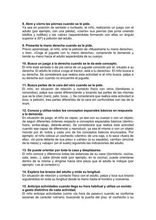 8. Abre y cierra las piernas cuando se le pide.
Ya sea en posición de sentado o tumbado, el niño, realizando un juego con el
adulto (por ejemplo, con una pelota), «cierra» sus piernas (las junta uniendo
tobillos y rodillas) y las «abre» (separándolas formando con ellas un ángulo
superior a 30º) a petición del adulto.

9. Presenta la mano derecha cuando se le pide.
Previo aprendizaje, el niño, ante la petición de «Muestrame tu mano derecha»,
o bien, «Coge el juguete con tu mano derecha», comprende la demanda y
tiende su mano hacia el adulto separándola de su cuerpo.

10. Busca un juego a la derecha cuando se le da este concepto.
El niño está sentado o de pie cerca de un juguete conocido por él, situado a su
derecha. El adulto le indica «coge el tractor, está a tu derecha». El niño busca a
su derecha. Se considerará que realiza esta actividad si el niño busca, palpa a
su derecha aun cuando no encuentre el juguete.

11. Busca partes de la cara del otro cuando se le pide.
El niño, en situación de relación y contacto físico con otros (familiares o
conocidos), palpa sus caras diferenciando y tocando las partes de las mismas
que se le citan (nariz, pelo, boca...). Se considerará que realiza esta actividad si
toca, a petición, tres partes diferentes de la cara sin confundirlas con las de la
suya.

12. Conoce y utiliza todos los conceptos espaciales básicos en respuesta
a la demanda.
En situación de juego, el niño es capaz, ya sea con su cuerpo o con un objeto,
de seguir diferentes órdenes respecto a conceptos espaciales básicos (dentro-
fuera, arriba-abajo, delante-atrás). Se considerará que realiza esta actividad
cuando sea capaz de diferenciar y reproducir, ya sea él mismo o con un objeto
movido por él, todos y cada uno de los conceptos básicos enunciados. Por
ejemplo: el niño coloca un cochecito «dentro» de una caja, o lo saca «fuera de
ella», «lo pone delante de sus pies» o «atrás» (a su espalda), «arriba» (encima
de la mesa) y «abajo» (en el suelo) siguiendo las indicaciones del adulto.

13. Se puede orientar por toda la casa y desplazarse.
El niño conoce y diferencia todas las estancias de su casa (dormitorio, cocina,
sala, aseo...), sabe dónde está (por ejemplo, en la cocina), puede orientarse
dentro de la misma y dirigirse hacia otra pieza que el adulto le indique (por
ejemplo: «ve al comedor»).

14. Explora los brazos del adulto y mide su longitud.
En situación de relación y contacto físico con el adulto, palpa y toca sus brazos
siguiéndolos en toda su longitud desde la mano hasta el hombro y viceversa.

15. Anticipa actividades cuando llega su hora habitual y utiliza un sonido
o gesto distintivo de cada actividad.
El niño anticipa actividades (como «la hora de paseo») cuando se conforma
escenas de carácter rutinario, buscando la puerta del piso, el cochecito o su
 