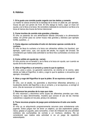 6. Hábitos


1. Si le gusta una comida puede cogerla con los dedos y comerla.
La madre le coloca encima de la bandeja de la trona un plato de, por ejemplo,
trozos de pan con jamón de York. El niño alarga la mano, coge un trozo sin
ayuda y se lo lleva a la boca. Se considera realizada la conducta si se lleva a la
boca al menos dos trozos de forma intencional.

2. Come trocitos de comida más grandes y blandos.
El niño va pasando de una alimentación blanda (triturada) a la alimentación
sólida. Un primer paso es comer trozos más grandes y blandos (por ejemplo
tortilla, quesitos....).

3. Come algunas cucharadas él solo sin derramar apenas comida de la
cuchara.
El niño se lleva la cuchara a la boca con alimentos sólidos (no líquidos), por
ejemplo, «petit suis», que, con ayuda del adulto, ha cogido del envase. Se
considerará que realiza esta actividad si se lleva tres cucharadas a la boca con
comida.

4. Come sólido sin ayuda (ej.: carne).
El niño pincha con el tenedor y se lo lleva a la boca sin ayuda, aun cuando se
ayuda de la otra mano para pinchar.

5. Abre el frigorífico o el armario y come lo que le apetece.
El niño, poco a poco, va ganando autonomía, se orienta en la cocina, sabe
dónde se halla el frigorífico, lo abre y coge lo que le apetece o encuentra (por
ejemplo: chocolate).

6. Abre y coge del frigorífico lo que le piden. Si se equivoca corrige el
error.
El niño, con el adulto, ha aprendido a discriminar diferentes alimentos y a
localizarlos dentro del frigorífico o de un armario, y si se equivoca, a corregir el
error. (Ha de reconocer un mínimo de tres).

7. Reconoce las prendas de la ropa que viste.
El niño reconoce y discrimina como suyas las diferentes prendas que viste.
Aunque no sepa denominarlas, muestra que conoce el uso de las mismas
(calcetines o zapatos en los pies, jersey a la cabeza).

8. Tiene recursos propios de juego para entretenerse él solo una media
hora.
El niño ya va adquiriendo progresivamente recursos para entretenerse solo
jugando. Estos juegos han de tener un objetivo, ya sea exploratorio (palpa,
rasca, golpea un juguete, para conocerlo), o bien de imitación de una actividad
cotidiana (da cucharaditas de comida a un muñeco), etcétera. No se
considerará que realiza esta actividad si es un juego de repetición
estereotipado.
 
