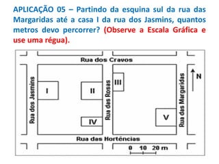 APLICAÇÃO 05 – Partindo da esquina sul da rua das
Margaridas até a casa I da rua dos Jasmins, quantos
metros devo percorrer? (Observe a Escala Gráfica e
use uma régua).
 