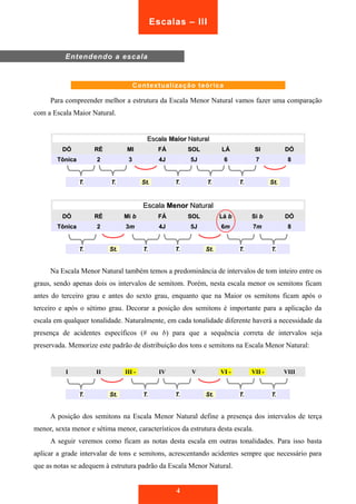 Escalas – III 
Para compreender melhor a estrutura da Escala Menor Natural vamos fazer uma comparação 
com a Escala Maior Natural. 
EEssccaallaa MMaaiioorr NNaattuurraall 
DDÓÓ RRÉÉ MMII FFÁÁ SSOOLL LLÁÁ SSII DDÓÓ 
TTôônniiccaa 22 33 44JJ 55JJ 66 77 88 
TT.. TT.. SStt.. TT.. TT.. TT.. SStt.. 
EEssccaallaa MMeennoorr NNaattuurraall 
DDÓÓ RRÉÉ MMii bb FFÁÁ SSOOLL LLáá bb SSii bb DDÓÓ 
TTôônniiccaa 22 33mm 44JJ 55JJ 66mm 77mm 88 
TT.. SStt.. TT.. TT.. SStt.. TT.. TT.. 
Na Escala Menor Natural também temos a predominância de intervalos de tom inteiro entre os 
graus, sendo apenas dois os intervalos de semitom. Porém, nesta escala menor os semitons ficam 
antes do terceiro grau e antes do sexto grau, enquanto que na Maior os semitons ficam após o 
terceiro e após o sétimo grau. Decorar a posição dos semitons é importante para a aplicação da 
escala em qualquer tonalidade. Naturalmente, em cada tonalidade diferente haverá a necessidade da 
presença de acidentes específicos (# ou b) para que a sequência correta de intervalos seja 
preservada. Memorize este padrão de distribuição dos tons e semitons na Escala Menor Natural: 
II IIII IIIIII -- IIVV VV VVII -- VVIIII -- VVIIIIII 
TT.. SStt.. TT.. TT.. SStt.. TT.. TT.. 
A posição dos semitons na Escala Menor Natural define a presença dos intervalos de terça 
menor, sexta menor e sétima menor, característicos da estrutura desta escala. 
A seguir veremos como ficam as notas desta escala em outras tonalidades. Para isso basta 
aplicar a grade intervalar de tons e semitons, acrescentando acidentes sempre que necessário para 
que as notas se adequem à estrutura padrão da Escala Menor Natural. 
4 
Entendendo a escala 
Contextualização teórica 
 