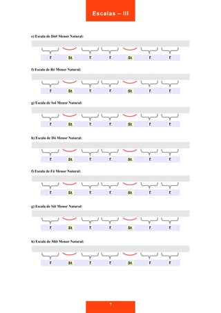 e) Escala de Dó# Menor Natural: 
Escalas – III 
TT.. SStt.. TT.. TT.. SStt.. TT.. TT.. 
f) Escala de Ré Menor Natural: 
TT.. SStt.. TT.. TT.. SStt.. TT.. TT.. 
g) Escala de Sol Menor Natural: 
TT.. SStt.. TT.. TT.. SStt.. TT.. TT.. 
h) Escala de Dó Menor Natural: 
TT.. SStt.. TT.. TT.. SStt.. TT.. TT.. 
f) Escala de Fá Menor Natural: 
TT.. SStt.. TT.. TT.. SStt.. TT.. TT.. 
g) Escala de Sib Menor Natural: 
TT.. SStt.. TT.. TT.. SStt.. TT.. TT.. 
h) Escala de Mib Menor Natural: 
TT.. SStt.. TT.. TT.. SStt.. TT.. TT.. 
7 
 