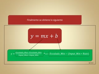 Finalmente se obtiene lo siguiente 
푦 = 
푦 = 푚푥 + 푏 
퐸푠푐푎푙푎푑표_푀푎푥−퐸푠푐푎푙푎푑표_푀푖푛 
퐼푛푝푢푡_푀푎푥−퐼푛푝푢푡_푀푖푛 
* x + 퐸푠푐푎푙푎푑표_푀푖푛 − (퐼푛푝푢푡_푀푖푛 ∗ 푅푎푡푒) 
By P.G.F. 
 