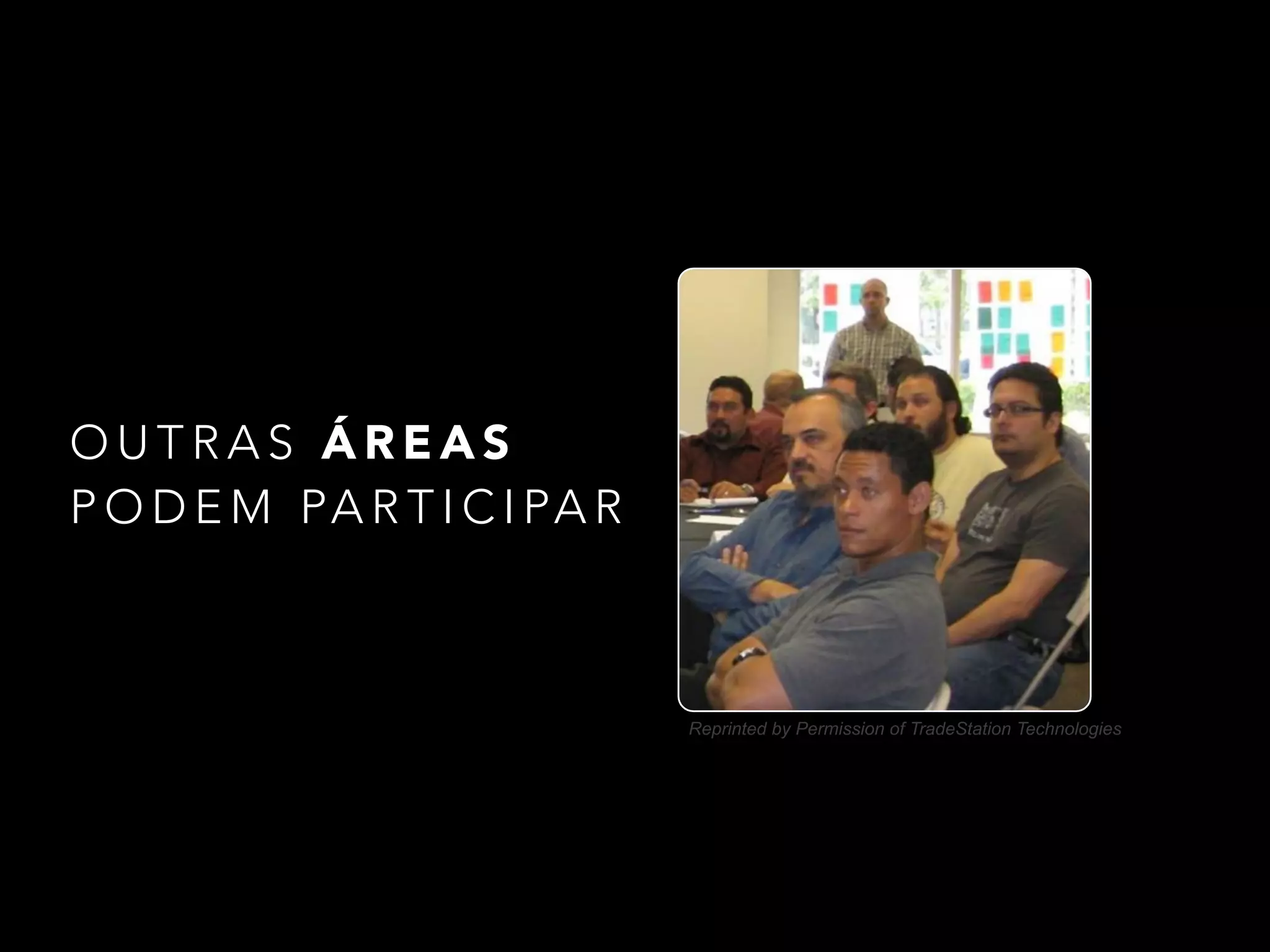 time(S) + outras áreas 
Releasable Solution 
System Increment 
Working 
Software 
Release: Additional 
activities, including system 
validation, documentation, 
etc. 
System Increment: All team 
backlog items integrated, 
tested, demonstrated at 
System Demo 
Working Software: Teams finish 
iteration backlog stories, demonstrate 
at Team iteration Demo 
time 
time(S) 
 
