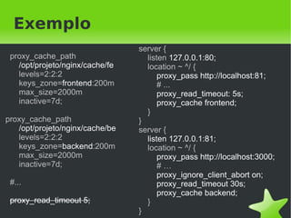 Primeiro request :(


                 Nginx                Server
                 Stale               dinâmico

      consulta
       cache                 grava
                             cache


                 Cache




                          
 