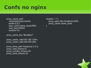Conteúdo dinâmico...

    ●   Tempo de resposta alto
    ●   Sobrecarga no servidor
    ●   Requisições enfileiradas
    ●   Queries desnecessárias




                              
 