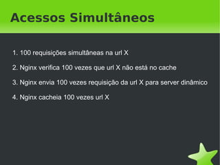Verificando se funcionou

log_format proxy '[$time_local] $uri $status $upstream_cache_status $upstream_status';
access_log /var/log/nginx/proxy.log proxy;



> ab -n 3 -c 1 http://localhost/pessoa/1
> tail -f /var/log/nginx/proxy.log
[26/Apr/2012:23:03:04 -0300] /pessoas/1 200 MISS 200
[26/Apr/2012:23:03:04 -0300] /pessoas/1 200 MISS 200
[26/Apr/2012:23:03:04 -0300] /pessoas/1 200 MISS 200




                                            
 