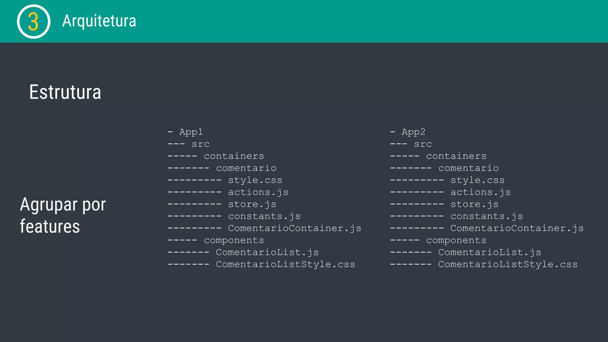 3 Arquitetura - App1 --- src ----- containers ------- comentario --------- style.css --------- actions.js --------- store.js --------- constants.js --------- ComentarioContainer.js ----- components ------- ComentarioList.js ------- ComentarioListStyle.css Agrupar por features - App2 --- src ----- containers ------- comentario --------- style.css --------- actions.js --------- store.js --------- constants.js --------- ComentarioContainer.js ----- components ------- ComentarioList.js ------- ComentarioListStyle.css Estrutura 