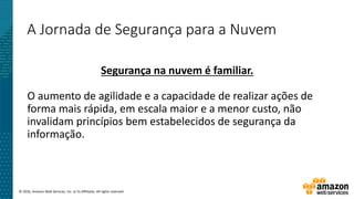 © 2016, Amazon Web Services, Inc. or its Affiliates. All rights reserved.
A Jornada de Segurança para a Nuvem
Segurança na nuvem é familiar.
O aumento de agilidade e a capacidade de realizar ações de
forma mais rápida, em escala maior e a menor custo, não
invalidam princípios bem estabelecidos de segurança da
informação.
 