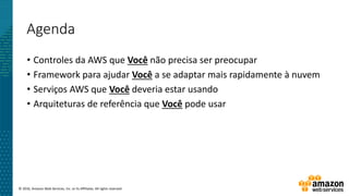© 2016, Amazon Web Services, Inc. or its Affiliates. All rights reserved.
Agenda
• Controles da AWS que Você não precisa ser preocupar
• Framework para ajudar Você a se adaptar mais rapidamente à nuvem
• Serviços AWS que Você deveria estar usando
• Arquiteturas de referência que Você pode usar
 