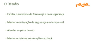 O Desafio
• Escalar o ambiente de forma ágil e com segurança
• Manter monitoração de segurança em tempo real
• Atender os picos de uso
• Manter o sistema em compliance check.
 