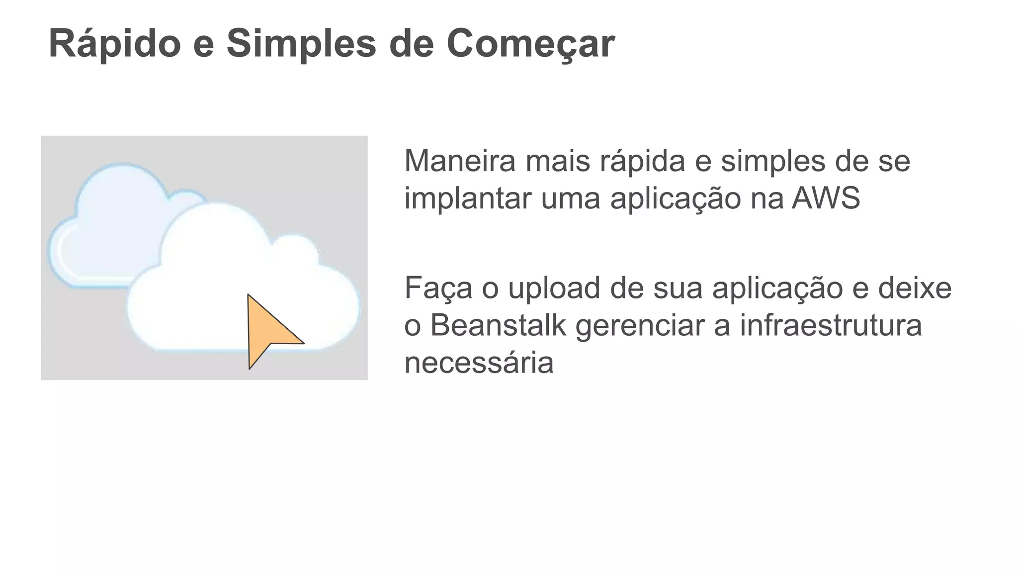 Rápido e Simples de Começar
Maneira mais rápida e simples de se
implantar uma aplicação na AWS
Faça o upload de sua aplicação e deixe
o Beanstalk gerenciar a infraestrutura
necessária
 