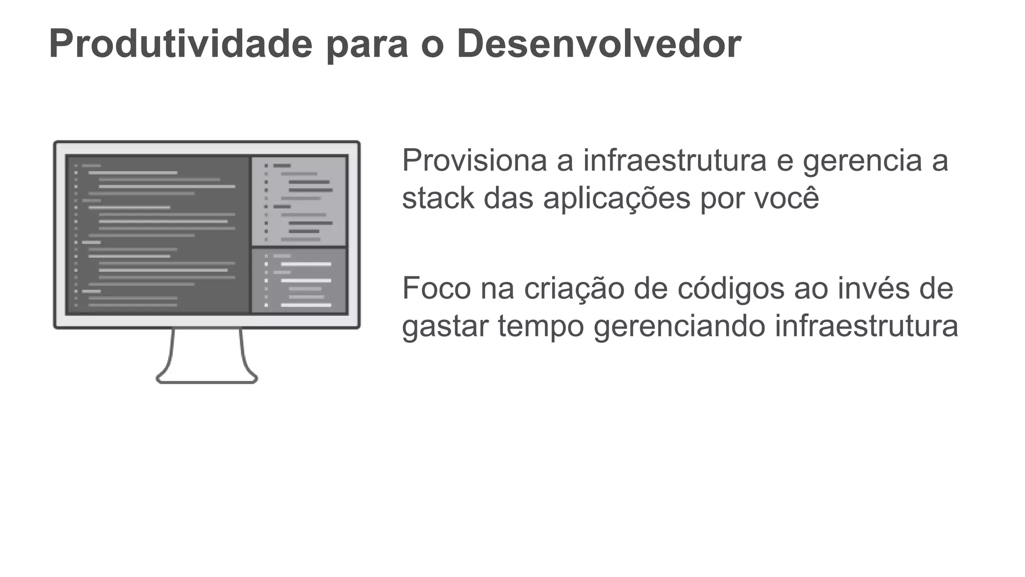 Produtividade para o Desenvolvedor
Provisiona a infraestrutura e gerencia a
stack das aplicações por você
Foco na criação de códigos ao invés de
gastar tempo gerenciando infraestrutura
 