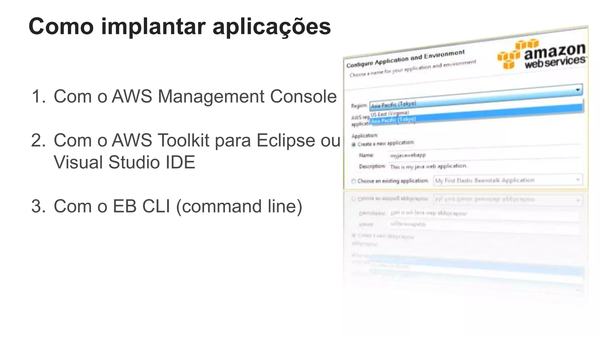 Como implantar aplicações
1. Com o AWS Management Console
2. Com o AWS Toolkit para Eclipse ou
Visual Studio IDE
3. Com o EB CLI (command line)
 